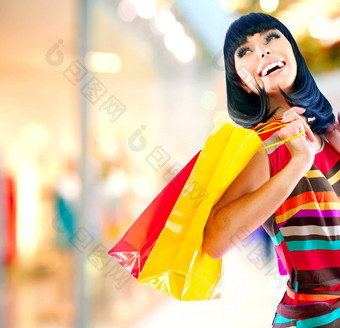 美女人购物袋购物购物中心