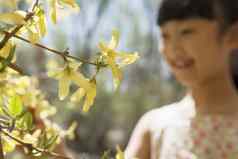 微笑年轻的女孩黄色的花朵树公园春天