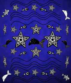 蓝色的背景海星波鱼风格纹身