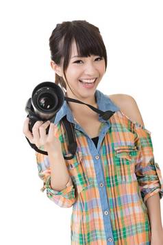 微笑亚洲女人照片相机