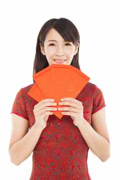 亚洲女人持有红色的袋快乐中国人一年