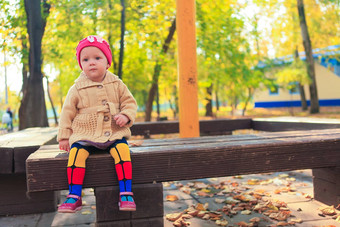 美丽的女孩坐在板凳上秋天公园