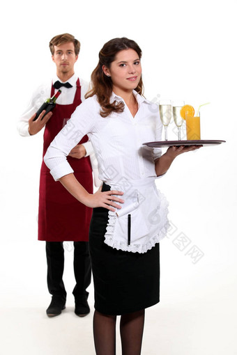 服务员女服务员饮料托盘