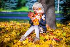 漂亮的时尚女孩坐着枫木树娃娃红色的叶阳光明媚的秋天一天