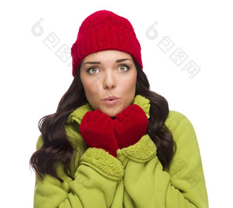 寒冷的混合比赛女人穿冬天他手套