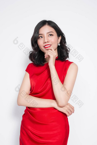 令人惊异的奢侈品亚洲女人时尚的红色的聚会，派对衣服