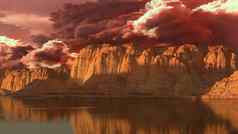 不真实的景观岩石湖云呈现