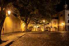 狭窄的鹅卵石街中世纪的小镇照亮房子古董街灯新增功能斯维特布拉格捷克共和国晚上拍摄
