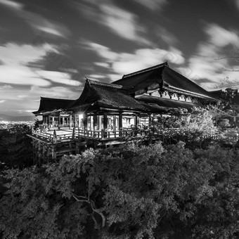 黑色的白色晚上照片清水寺寺庙《京都议定书》日本