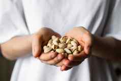 阿月浑子女士手阿月浑子坚果健康的素食者蛋白质有营养的食物坚果人类手
