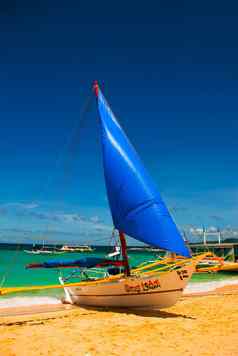 长滩岛岛菲律宾2月船停靠沙子海滩长滩岛菲律宾