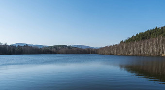 蓝色的平静水森林湖<strong>鱼池</strong>塘kunraticky雷布尼克桦木云杉树日益增长的海岸清晰的蓝色的天空自然背景早期春天景观