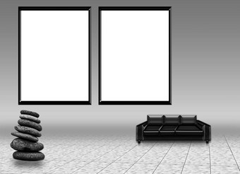 模拟海报帧白色颜色沙发上说谎地板上装饰一块石头堆放