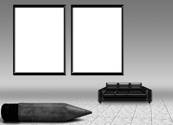 模拟海报帧白色颜色沙发上说谎地板上巨大的铅笔形状的装饰