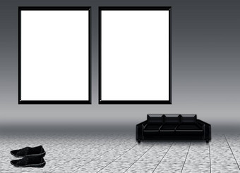 模拟海报帧白色颜色沙发上说谎地板上一对黑色的鞋子