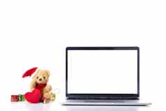 白色空白屏幕电脑圣诞老人老人熊红色的罩