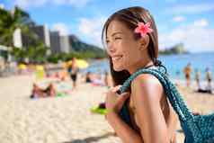 亚洲旅游女人威基基海滩海滩夏威夷美国