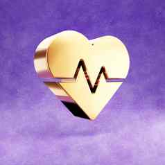 心跳图标黄金光滑的心击败象征孤立的紫罗兰色的天鹅绒背景