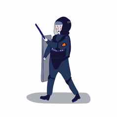 穿制服的警察官站盾接力棒白色背景卡通风格插图蓝色的行