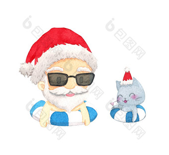 圣诞老人老人猫空气充气环可爱的卡通字符设计白色背景圣诞节6月海报市场营销广告夏天出售问候卡剪裁路径