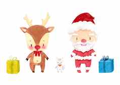 可爱的圣诞老人老人驯鹿猫礼物盒子卡通字符水彩手绘画装饰冬天圣诞节一年节日广告孤立的白色背景剪裁路径