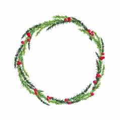 快乐圣诞节花环红色的浆果绿色树分支机构孤立的白色背景水彩手绘画插图设计冬天圣诞节一年