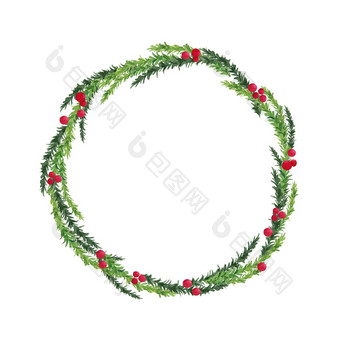 快乐圣诞节花环红色的浆果绿色树分支机构孤立的白色背景水彩手绘画插图设计冬天圣诞节一年
