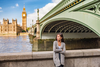 伦敦城市生活方式休闲年轻的亚洲女人放松泰晤士河河大我欧洲