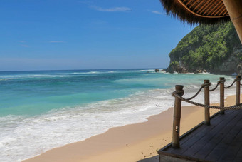 户外餐厅海滩咖啡馆海滩海洋天空视图海滩酒吧巴厘岛印尼放松远程天堂海滩