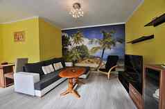 现代生活房间室内atstylish家具沙发黄色的画墙美丽的室内现代房子
