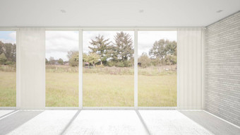 室内设计空房间生活房间现代风格窗口通过石板地板上渲染