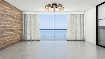 室内设计空房间生活房间现代风格窗口通过石板地板上渲染