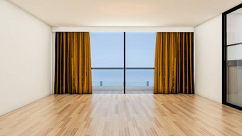 室内设计空房间生活房间现代风格窗口通过木地板上渲染
