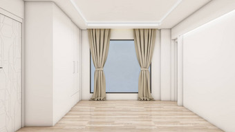 室内设计空房间生活房间现代风格窗口通过木地板上渲染