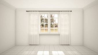 室内设计空房间生活房间现代风格窗口白色瓷砖地板上渲染