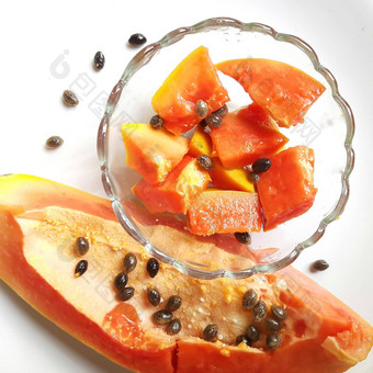 橙色颜色新鲜的<strong>木瓜</strong>白色背景减少块碗丰富的纤维维生素抗氧化剂提高免疫力好糖尿病患者眼睛