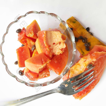 橙色颜色新鲜的木瓜白色背景减少块碗丰富的纤维维生素抗氧化剂提高免疫力好糖尿病患者眼睛