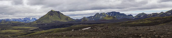 色彩斑斓的宽<strong>全景全景</strong>视图火山景观自然储备山背中央冰岛绿色梅利费尔山蓝色的雪覆盖山范围喜怒无常的天空背景