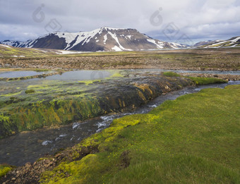 夏天景观色彩斑斓的绿色橙色莫斯草地热池鸵鸟春天雪封顶<strong>流纹</strong>岩山地热区域路冰岛自然储备山背