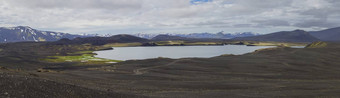 色彩斑斓的宽全景全景视图景观火山雪覆盖山火山口湖泊脏<strong>山道</strong>路一点点沃特恩区域中央冰岛高地中间黑色的熔岩沙漠