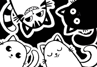 猫卡通字符黑色的墨水手绘画装饰万圣节节日宠物艺术作品广告
