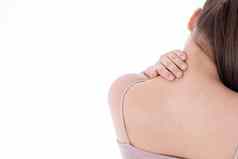 女人感觉疲惫痛苦肩膀脖子疼痛受伤孤立的白色背景健康护理医疗概念