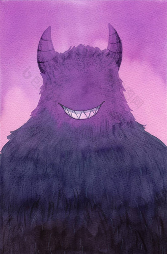 紫色的魔鬼怪物手画水彩插图
