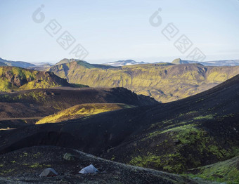 <strong>帐篷</strong>机器人营地冰岛洛加徒步旅行小道绿色谷火山景观熔岩字段视<strong>图片</strong>冰川早期早....日出光