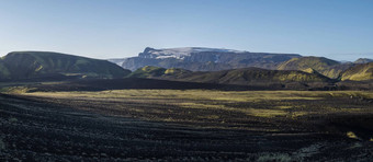 全景日出视<strong>图片</strong>冰川机器人营地<strong>冰岛</strong>洛加徒步旅行小道绿色谷火山景观早期早....粉红色的光