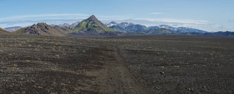 宽全景火山熔岩沙漠景观绿色storasula山峰兰德曼纳劳卡山<strong>小径</strong>洛加徒步旅行小道山背<strong>自然</strong>储备冰岛夏天蓝色的天空