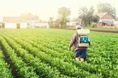 农民喷雾器走土豆种植园治疗农场场昆虫害虫真菌感染化学物质农业农业农业综合企业
