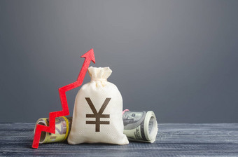日元元钱袋红色的箭头经济复苏增长乐观预测经济上升市场稳定涌入投资资本增加财富不断上升的通货膨胀