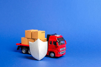 红色的卡车负载盒子盾货物保险运输安全<strong>保证</strong>质量速度交付安全货物运输有价值的危险的<strong>产品</strong>