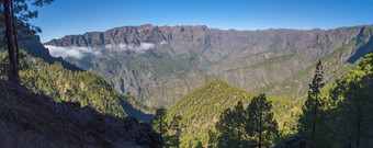 全景<strong>火山</strong>景观郁郁葱葱的松树森林松果体canariensis视图宫坎布雷西塔国家公园<strong>火山口</strong>taburiente<strong>火山火山口</strong>棕榈金丝雀岛屿西班牙